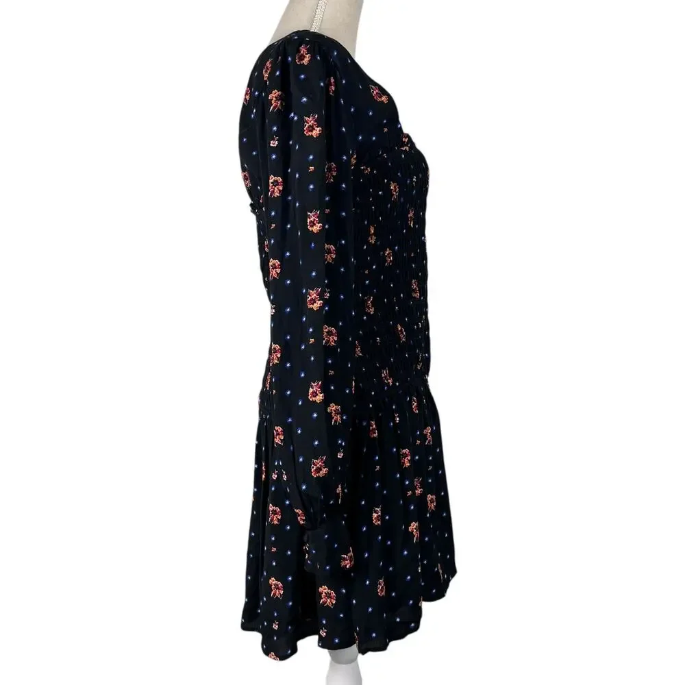 Free People Two Faces Mini Dress Black Floral Smocked‎ Long Sleeve Size S